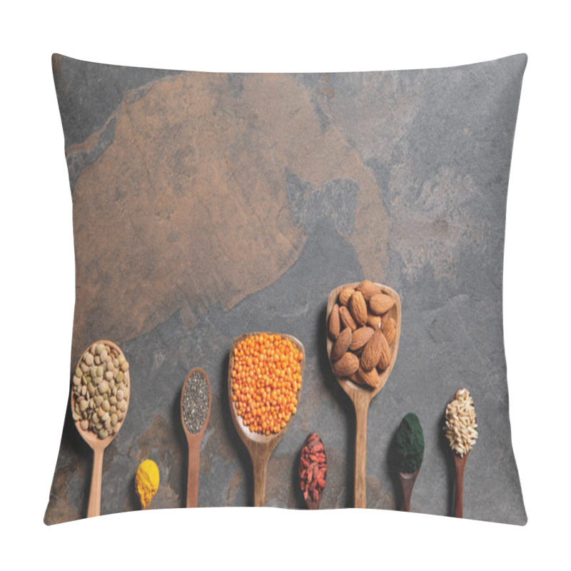 Personality  Top View Of Arranged Wooden Spoons With Superfoods And Beans On Table With Copy Space Pillow Covers