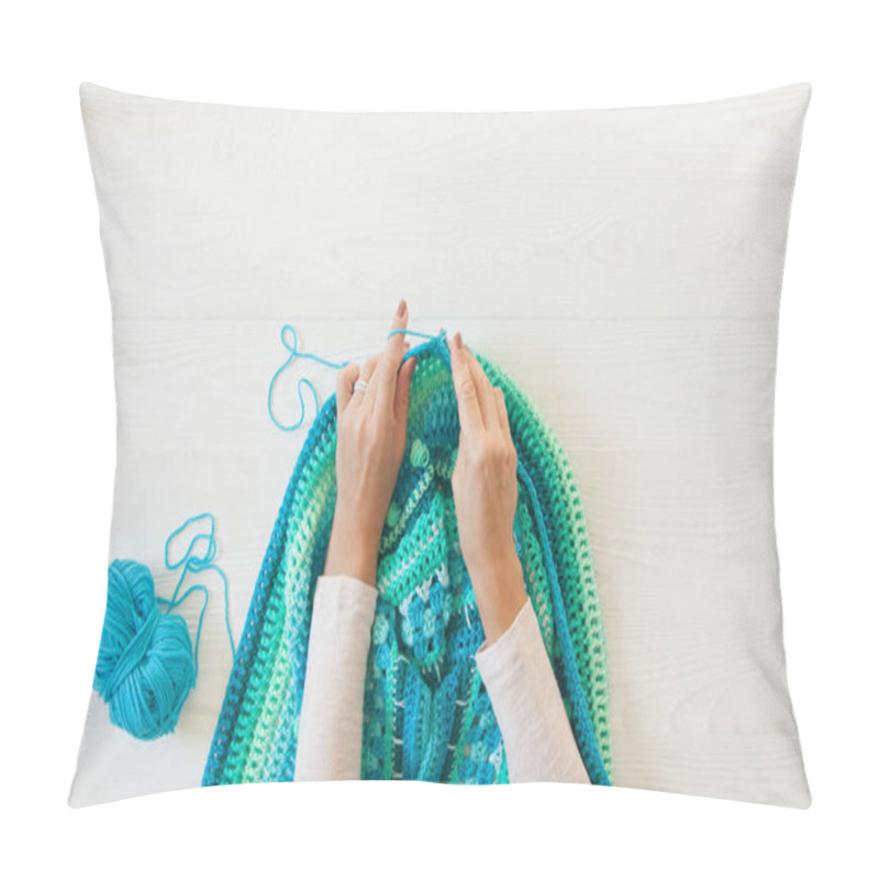 Personality  Women's Hands Are Large. Woman Crochets. Yarn Of Green, Turquois Pillow Covers