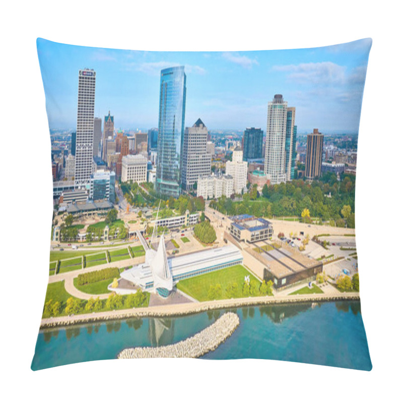 Personality  2023 Aerial View Of Milwaukee, Showcasing Vibrant Cityscape With High-Rise Buildings, Quadracci Pavilion, And Scenic Lake Michigan Pillow Covers