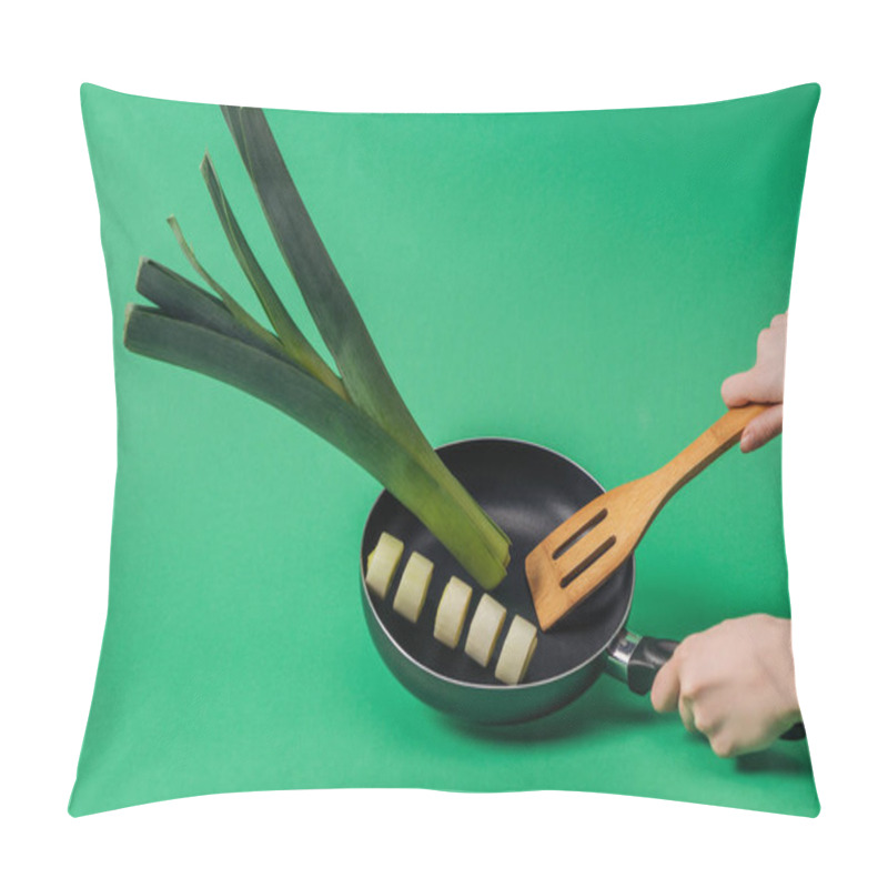 Personality  Cropped View Of Woman Cooking Freshly Sliced Aromatic Leek In Frying Pan On Green Background Pillow Covers