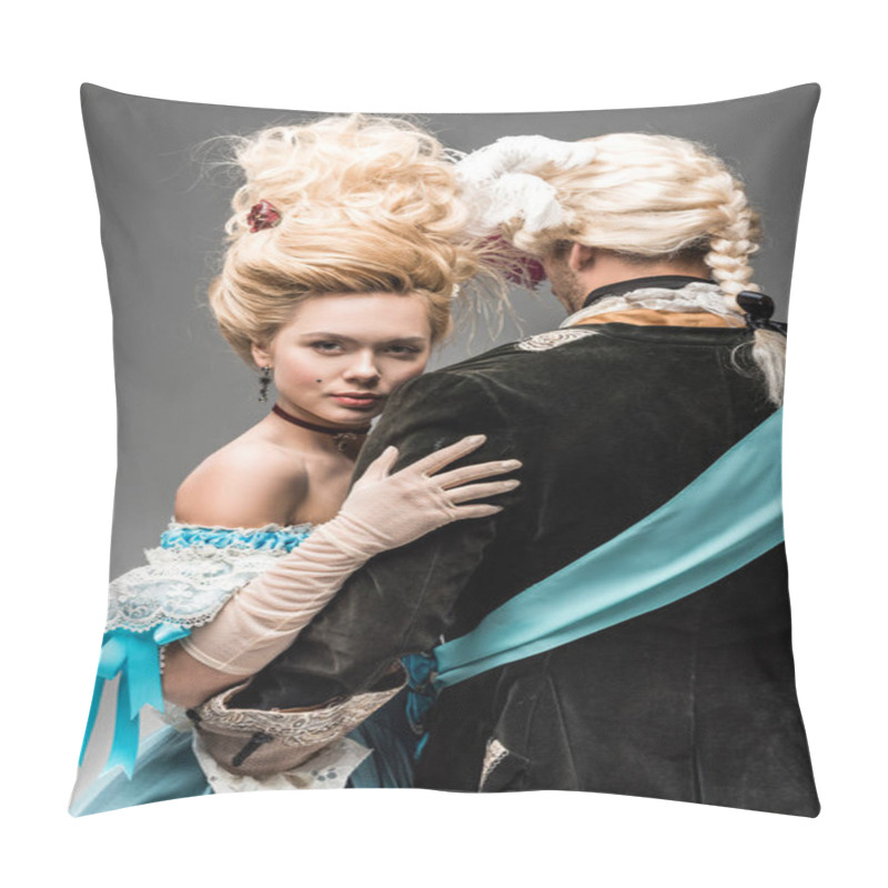 Personality  Back View Of Man Hugging Attractive Victorian Woman In Wig On Grey Pillow Covers