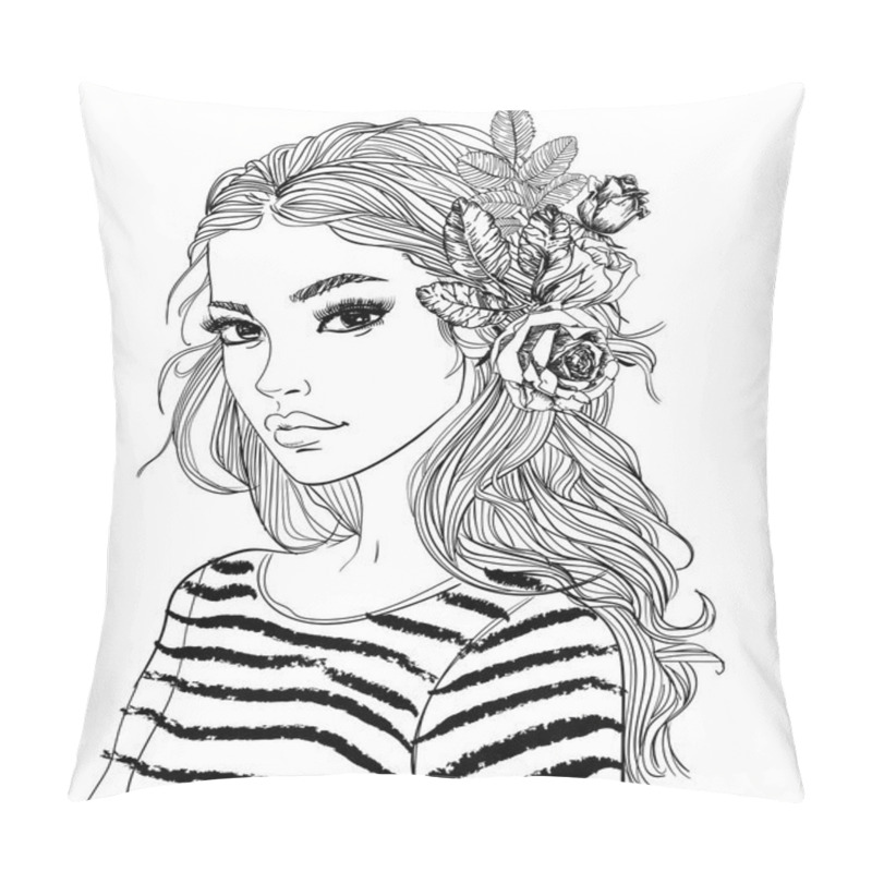 Personality  Portrait Of A Young Woman With Flowers Pillow Covers