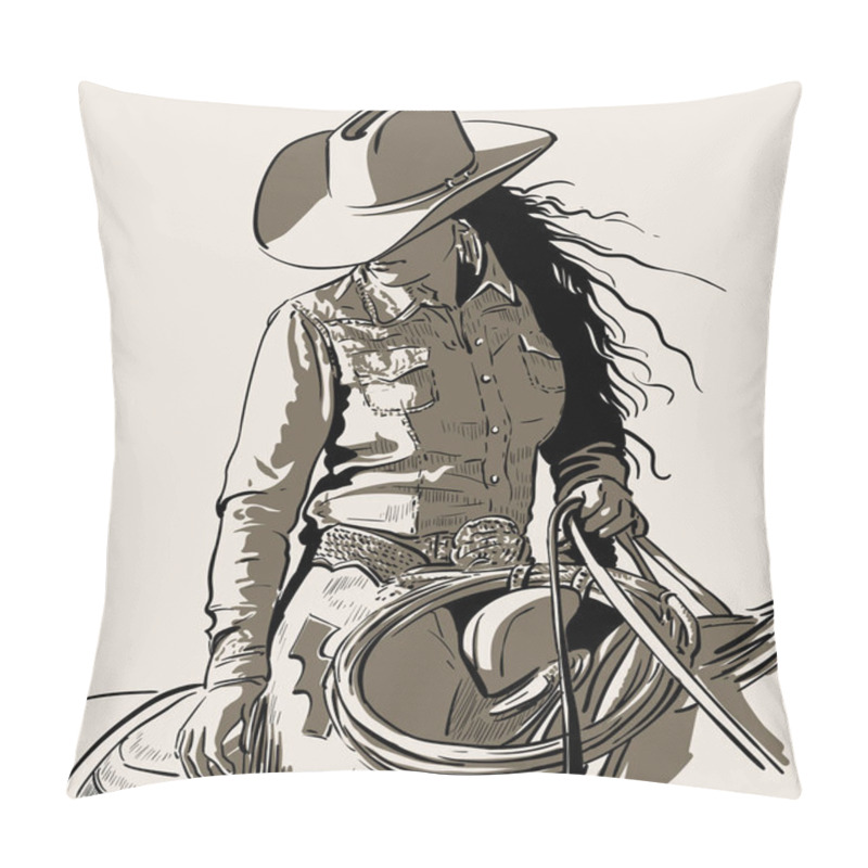 Personality  Woman With A Cowboy Hat. Cowboy Girl Riding Horse With Lasso. Hand Drawn Vector Illustration. Illustration. Vector. Pillow Covers