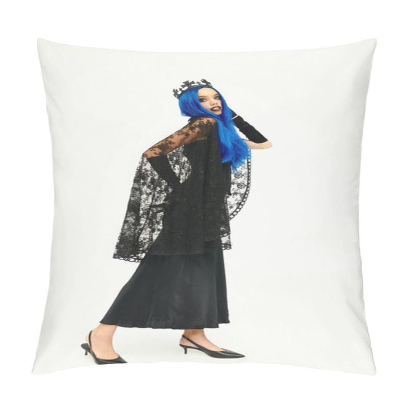 Personality  An Artistic Portrayal Of A Young Woman In An Elegant Halloween Costume With Striking Blue Hair. Pillow Covers