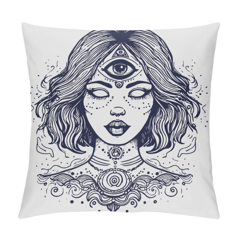 Personality  Wiccan And Occult Woman Face With Third Eye, Chakras And Spirituality Concept Art. Tattoo Vector Of A Psychedelic Witchy Fortune Teller With Runes And Spells On Her Face. Pillow Covers