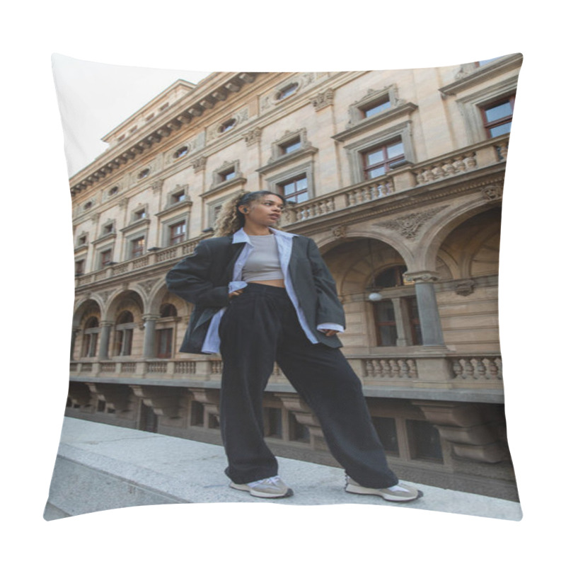 Personality  African American Woman In Wireless Earphone Posing On Urban Street Near Building Of National Theater In Prague Pillow Covers