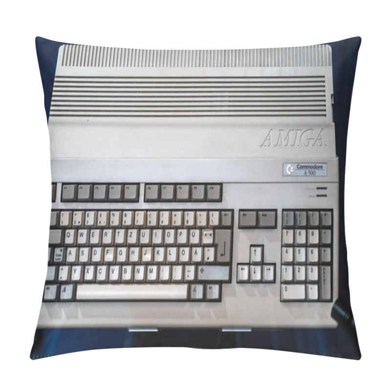 Personality  Classic Commodore Amiga A-500 Computer On A Blue Backdrop, An Iconic Piece Of Computing History. Pillow Covers