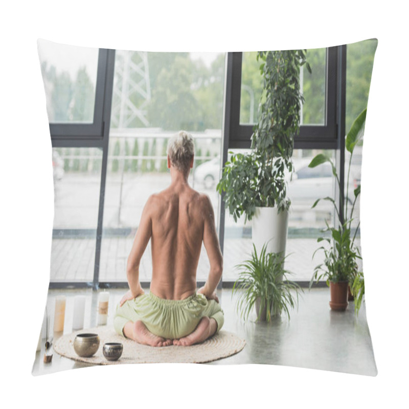 Personality  Back View Of Grey Haired Man Sitting In Thunderbolt Yoga Pose Near Candles And Tibetan Singing Bowls  Pillow Covers