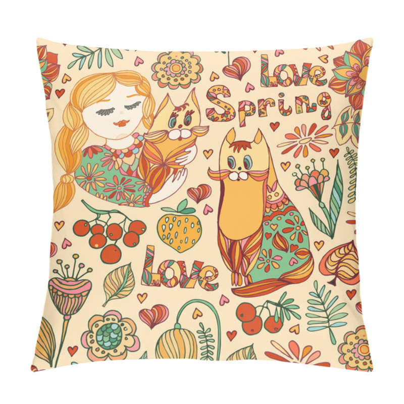 Personality  Decorative Seamless Pattern With Young Girls, Cat, Bird, Flowers Pillow Covers