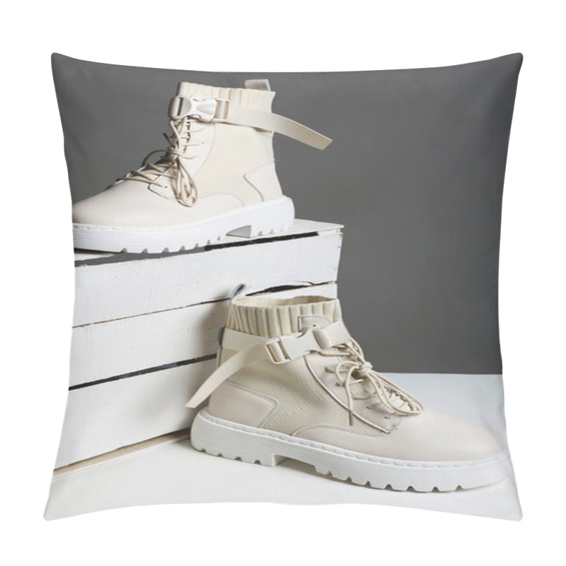 Personality  White Boots On A Wooden Box. Fashion Shoes Still Life. Stylish Photo In The Studio Pillow Covers