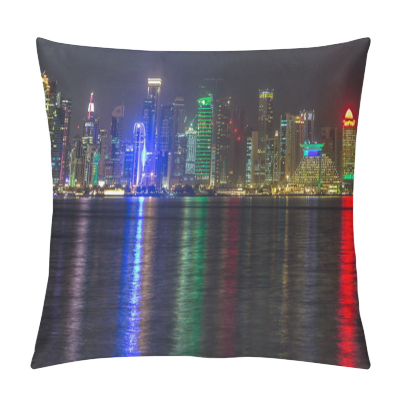 Personality  Doha Skyscrapers In Downtown Skyline Night Timelapse, Qatar, Middle East Illuminated Towers On A West Bay Reflected In A Water Of Gulf. Pillow Covers