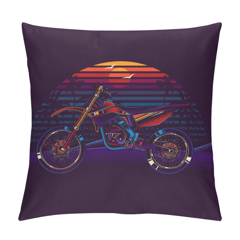 Personality  Original Vector Illustration In Neon Style. Motorcycle For Motocross On The Beach Against The Background Of The Sea, Palm Trees And Sunset. Pillow Covers