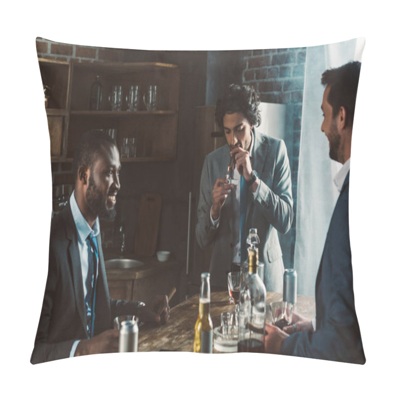 Personality  Smiling Young Male Friends In Formal Wear Smoking Cigars And Drinking Alcoholic Beverages While Partying Together Pillow Covers