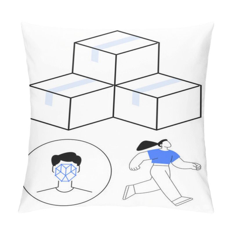 Personality  Stacked Packages, Stylized Facial Recognition Diagram, And Walking Individual Highlight Themes Of Technology, E-commerce, Logistics, And AI. Ideal For Innovation, Security, Retail Concepts Abstract Pillow Covers