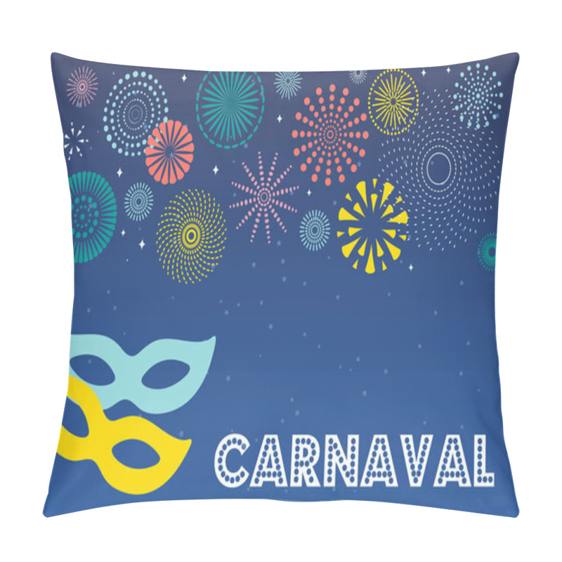 Personality  Colorful Fireworks And Carnival Masks With Confetti On Dark Background, With Spanish Text Carnaval. Vector Illustration. Flat Style Design. Concept For Banner  Pillow Covers