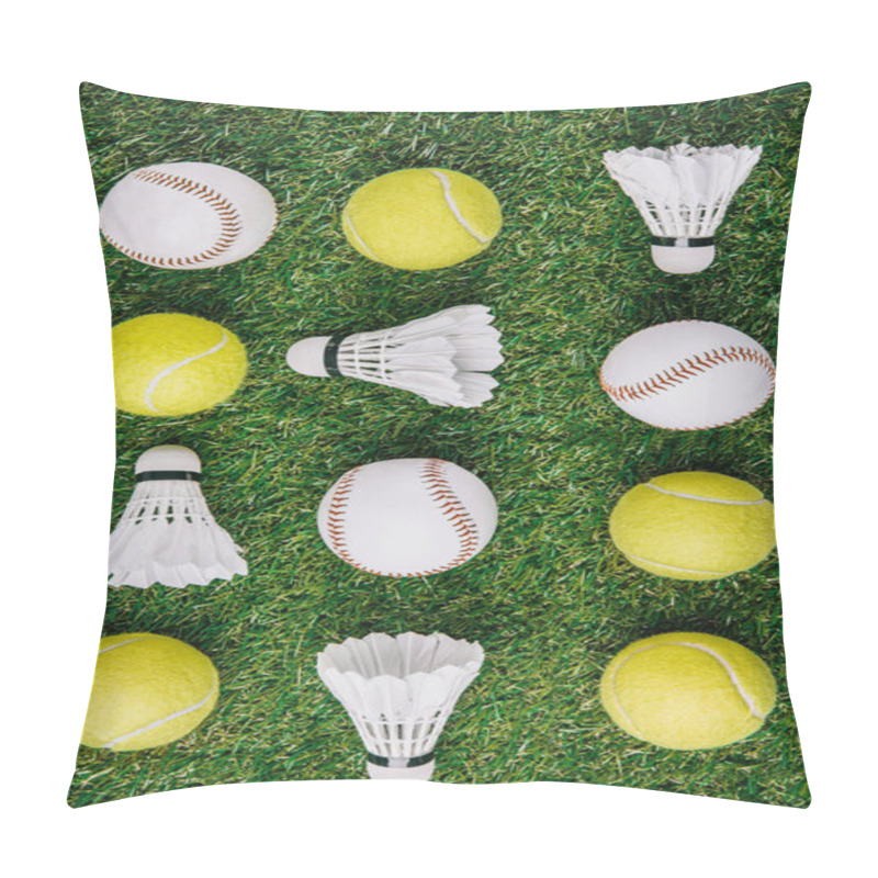 Personality  Top View Of Arrangement Of Badminton Shuttlecocks, Tennis And Baseball Balls On Green Lawn Pillow Covers