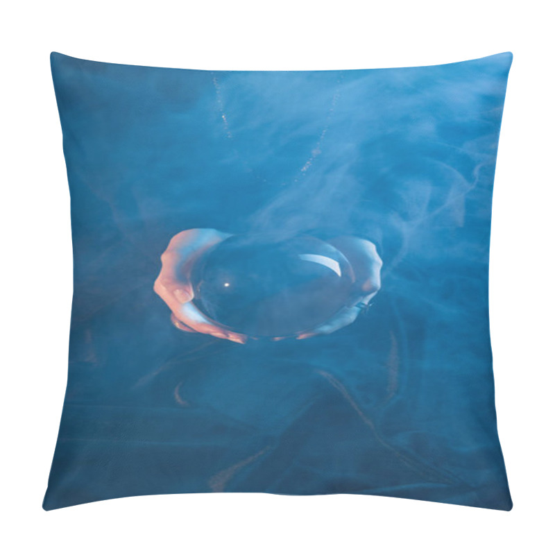 Personality  Cropped View Of Witch Holding Crystal Ball Above Table On Dark Blue Background Pillow Covers