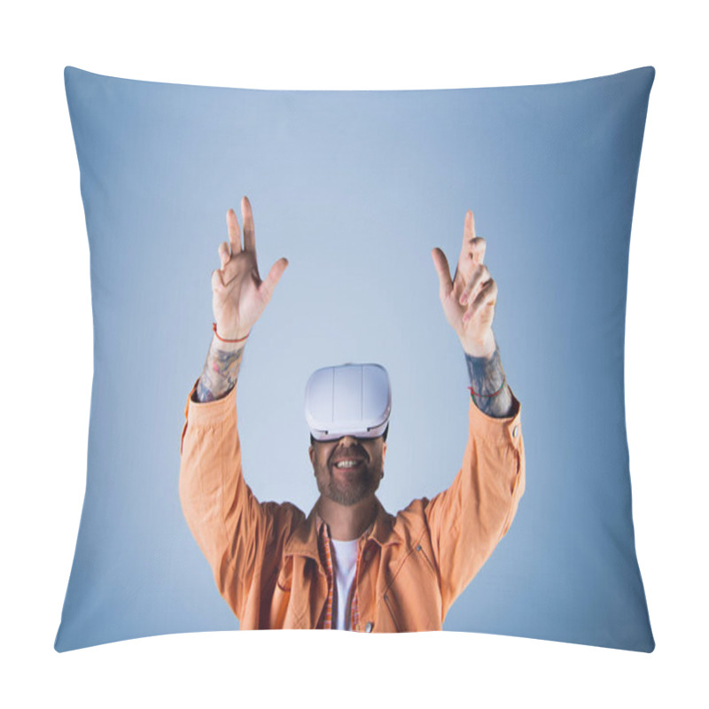 Personality  A Man In An Orange Jacket Stands, Wearing A White Vr Headset, Against A Vivid Backdrop. Pillow Covers