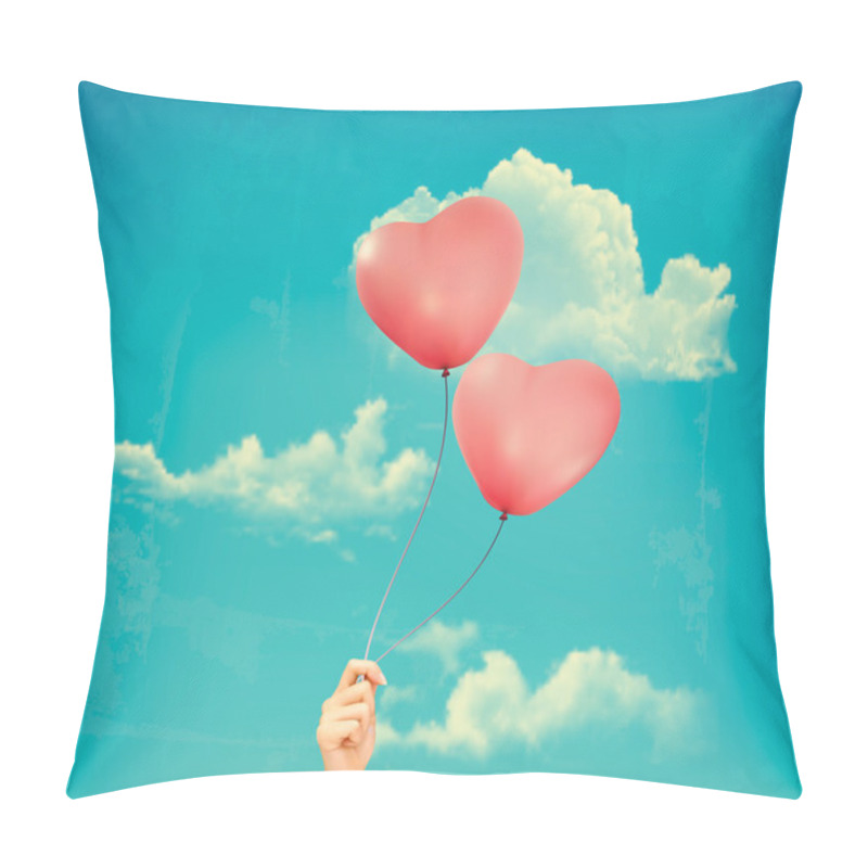 Personality  Valentine Heart-shaped Baloons In A Blue Sky With Clouds. Vector Pillow Covers