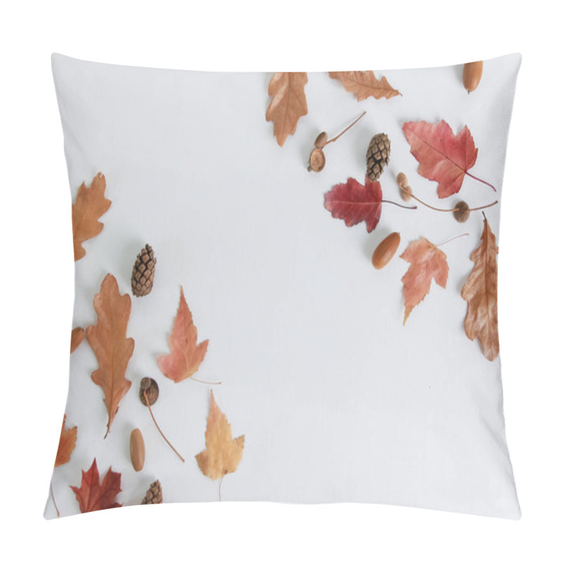 Personality  Dry Autumn Oak And Maple Leaves, Fir Tree Cones, Acorns Forming Border In Corners. Isolated Objects On White, Arrangement, Composition, Flat Lay, Top View, Copy Space. Fall Season Concept Pillow Covers