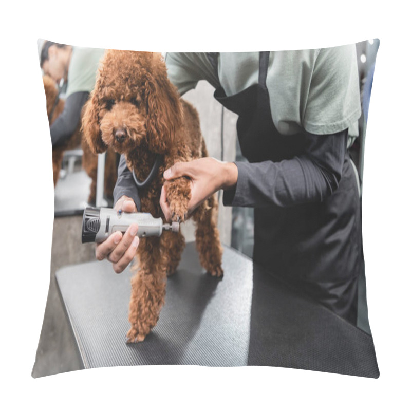 Personality  Cropped View Of African American Man In Apron Polishing Nails Of Brown Poodle  Pillow Covers