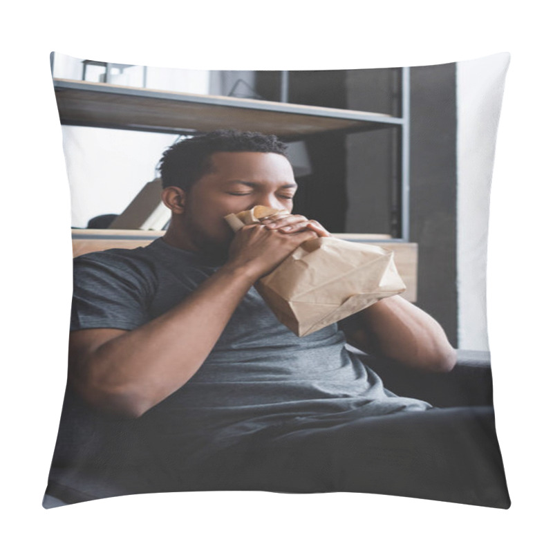 Personality  Worried African American Man Breathing With Paper Bag While Having Panic Attack At Home Pillow Covers