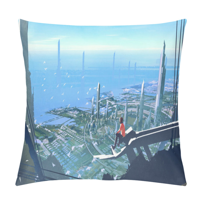 Personality  Man Sitting On Edge Of Building Looking At Futuristic City Pillow Covers