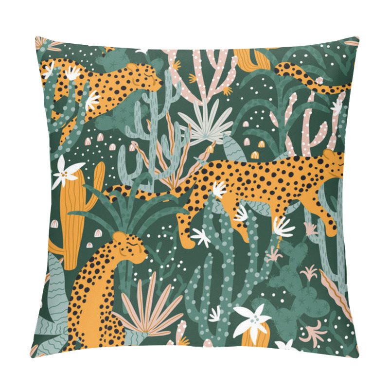 Personality  Leopard In Tropical Jungle Seamless Pattern. Vector Illustrations Of Animal, Plants, Cacti, Succulents In A Simple Cartoon Hand-drawn Style. Pastel Earthy Palette. Pillow Covers