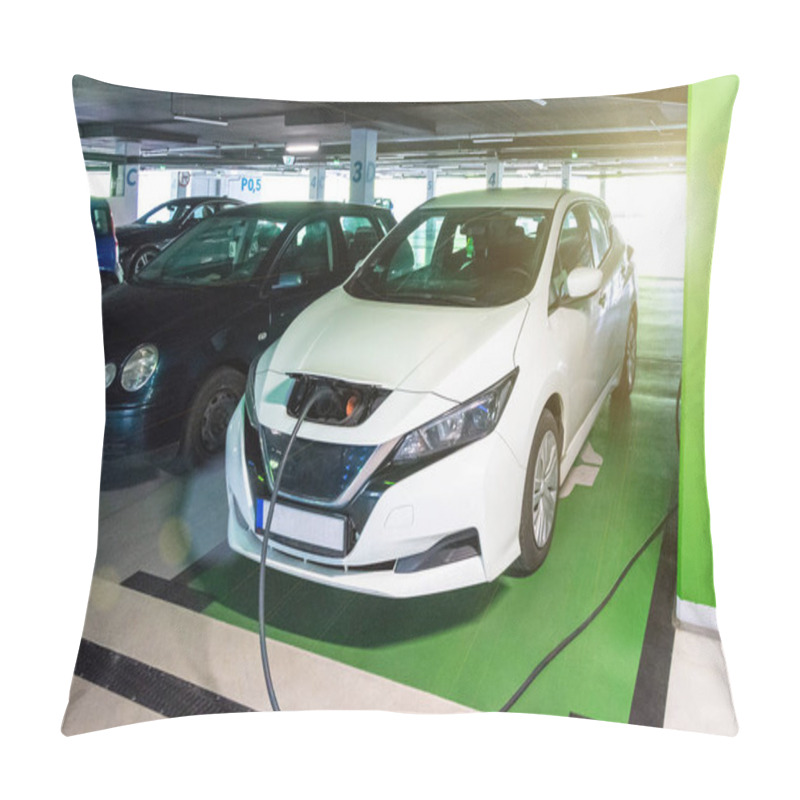 Personality  Electric Transports. Electric Car Charge Battery On Eco Energy Charger Station. Hybrid Vehicle - Green Technology Of Future. Eco-friendly Sustainable Energy Concept Pillow Covers