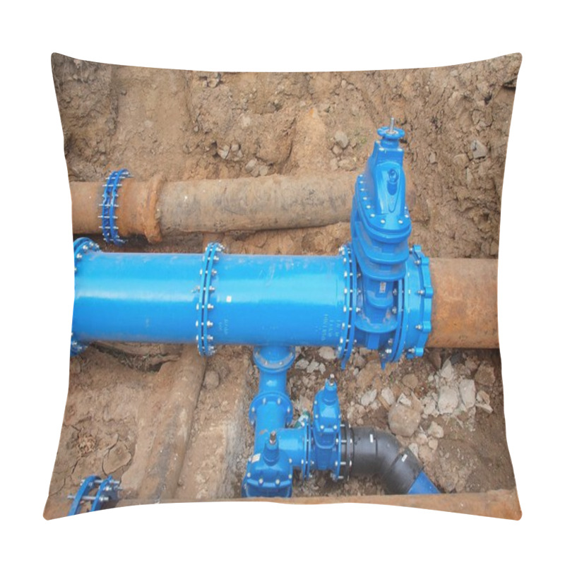 Personality  Old Big Drink Water Pipes Joined With New Blue Valves And New Blue Joint Members. Finished Repaired Piping Waiting For Covering By Clay. Extreme Kind Of Corrosion, Metal Corroded Texture. Pillow Covers