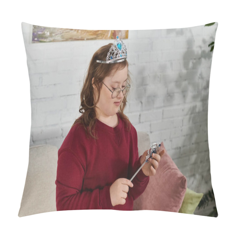 Personality  A Little Girl With Down Syndrome Enjoys A Day At Home Wearing A Crown And Playing With A Wand. Pillow Covers