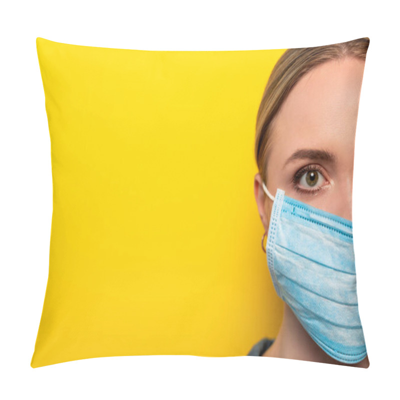 Personality  Cropped View Of Young Woman In Medical Mask On Yellow Background, Coronavirus Concept Pillow Covers