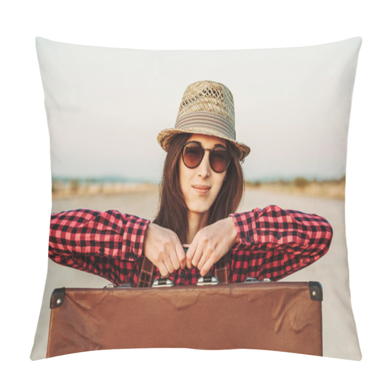 Personality  Woman Traveler Holds Suitcase Pillow Covers