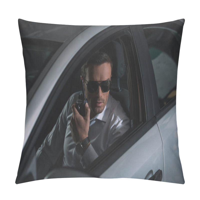 Personality  Undercover Male Agent In Sunglasses Doing Surveillance And Using Talkie Walkie In Car Pillow Covers