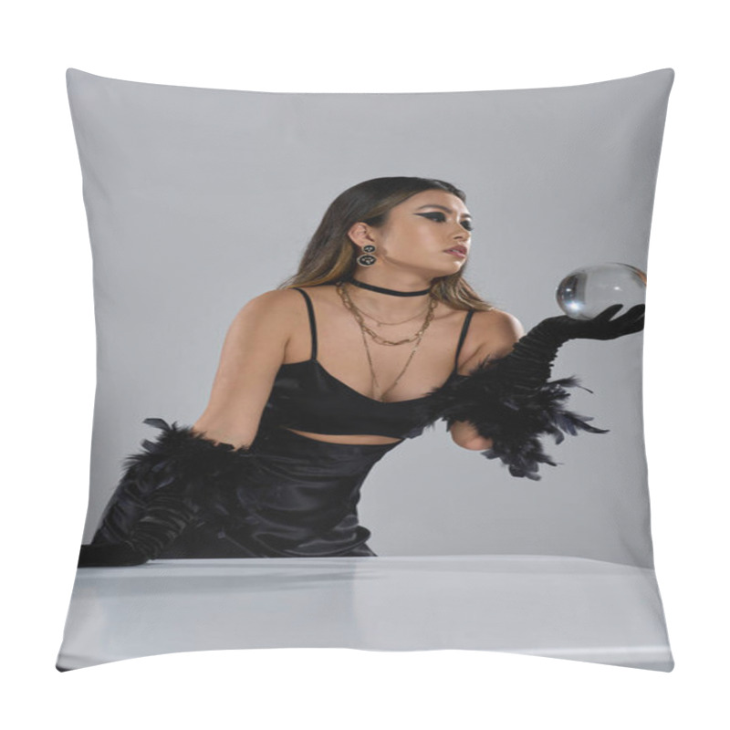 Personality  A Woman In A Black Dress And Gloves Holds A Crystal Ball, Gazing Intently At Its Reflections. Pillow Covers