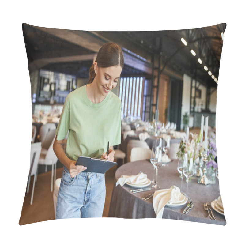 Personality  Joyful Event Manager Writing Notes On Clipboard Near Tables With Festive Setting In Banquet Hall Pillow Covers