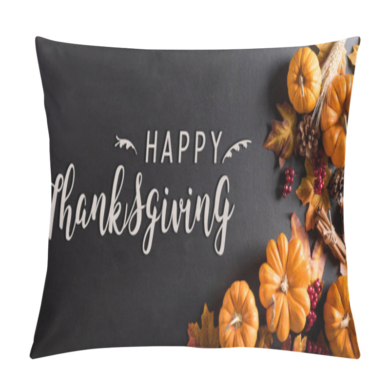 Personality  Autumn Background Decoration From Dry Leaves And Pumpkin On Dark Wooden Background.  Thanksgiving Concept. Pillow Covers