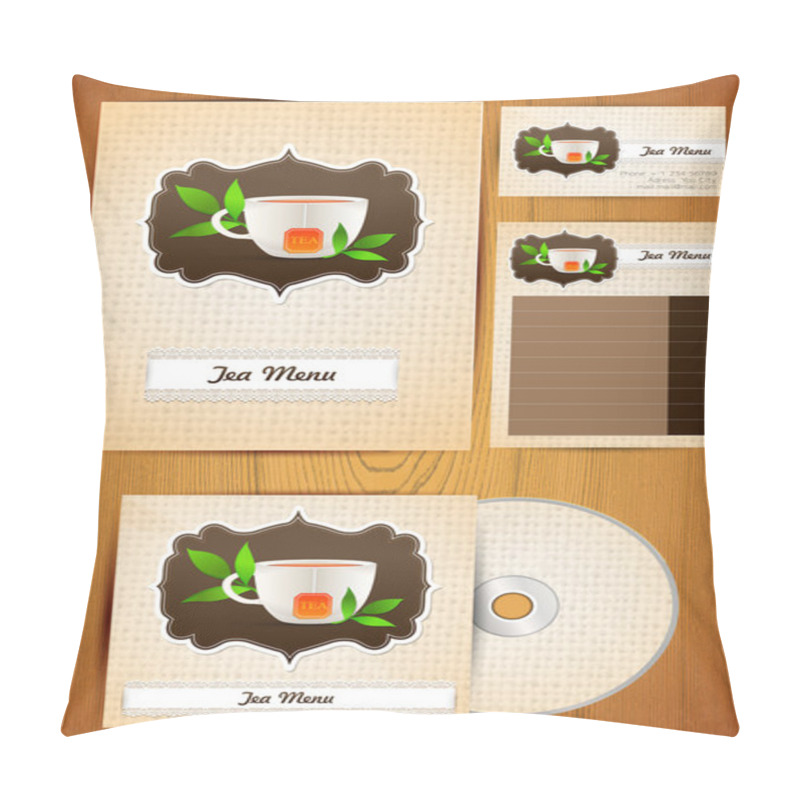 Personality  Tea Menu, Disc, Card - Corporate Identity On Wood Background Pillow Covers