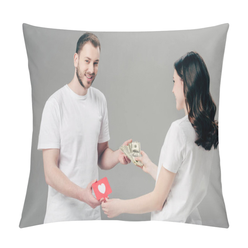 Personality  Smiling Handsome Man Giving Dollar Banknotes To Young Woman With Red Paper Cut Card With Heart Symbol On Grey Background Pillow Covers