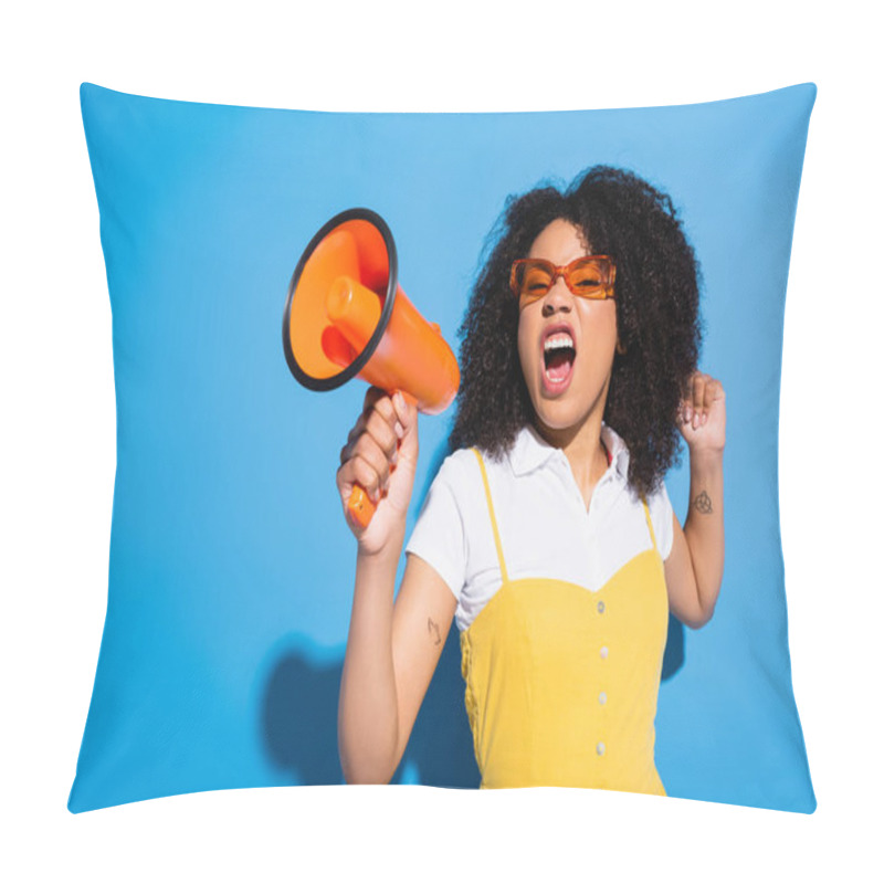 Personality  Excited African American Woman In Eyeglasses Shouting In Orange Loudspeaker On Blue Pillow Covers