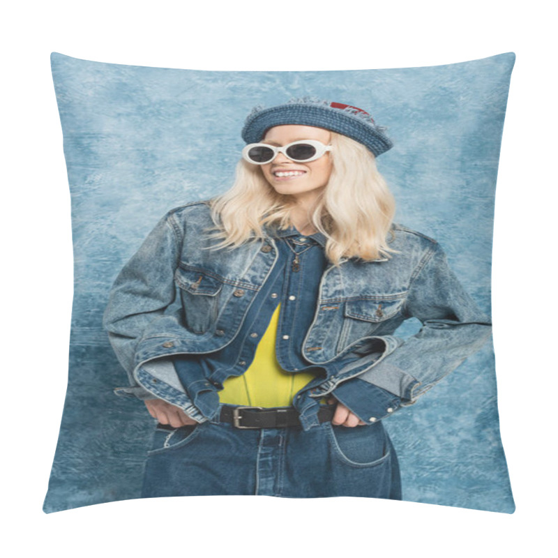 Personality  Happy Blonde Woman In Denim Panama Hat And Sunglasses Posing Near Blue Textured Background   Pillow Covers