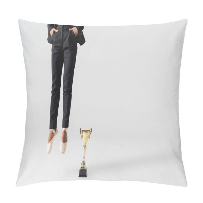 Personality  Cropped View Of African American Businesswoman In Pointe Shoes Jumping Near Golden Cup On Grey Pillow Covers