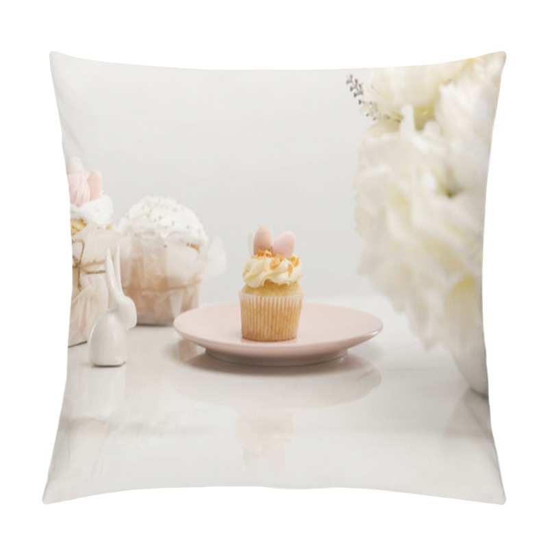 Personality  Selective Focus Of Cupcake On Plate, Decorative Bunnies Near Vase With Bouquet And Easter Cakes Isolated On Grey Pillow Covers