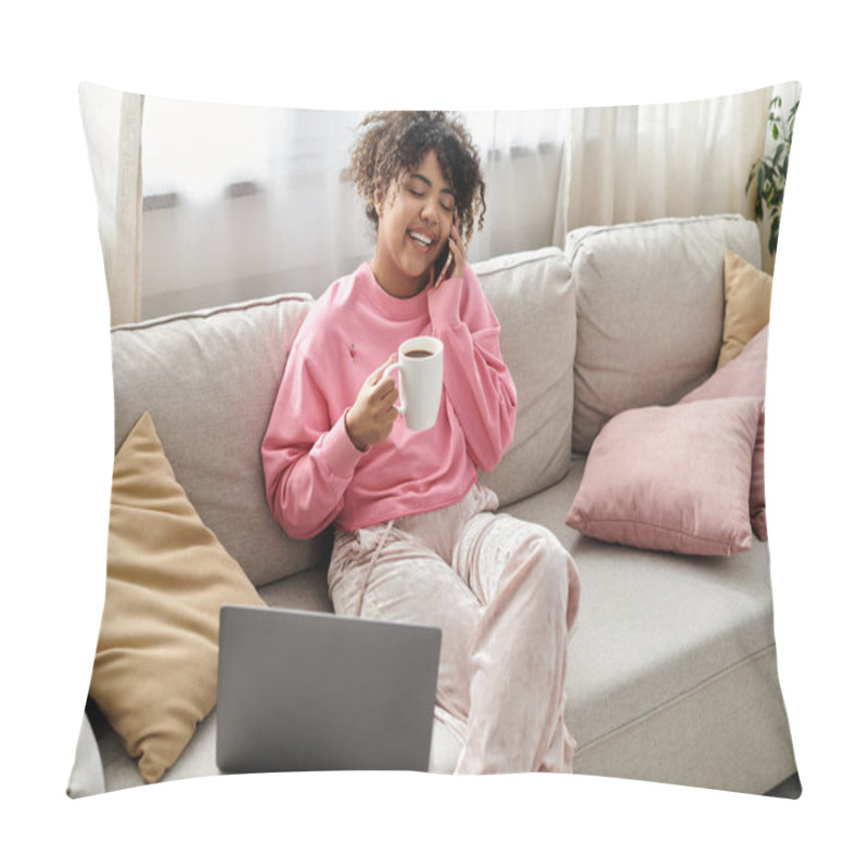 Personality  A Young Woman Laughs On The Couch While Sipping Her Favorite Beverage. Pillow Covers