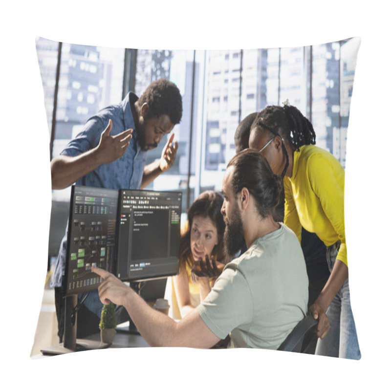 Personality  Coworkers Doing Brainstorming, Conducting Experiments And Tests To Optimize Machine Learning Models For Performance And Accuracy. Colleagues Gathered In Office To Analyze Complex AI Data Pillow Covers