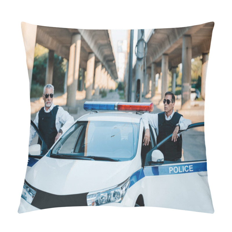 Personality  Confident Mature Policeman In Sunglasses And Bulletproof Vests Standing Near Car At City Street  Pillow Covers