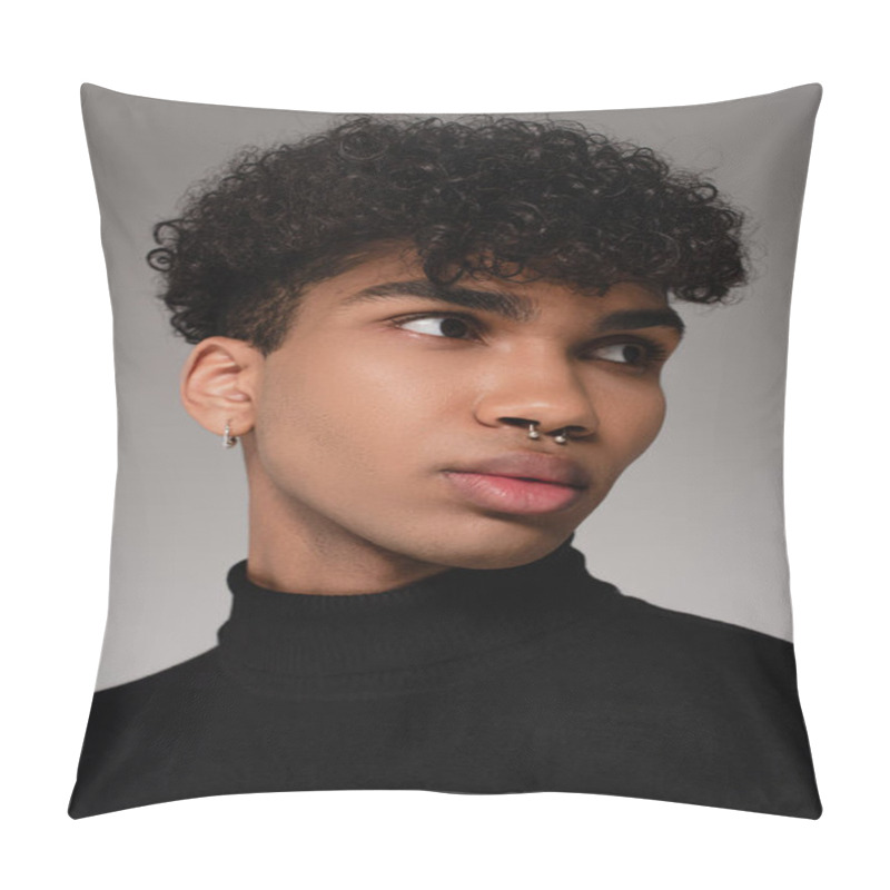 Personality  Young African American Man In Black Turtleneck Sweater Looking Away Isolated On Gray Pillow Covers