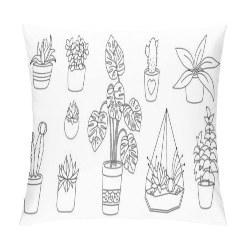 Personality  Plant Succulent Potted Flat Cactus Line Set Vector Pillow Covers