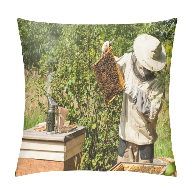 Personality  The Beekeeper Looks At The Beehive. Honey Collection And Bee Control. Bee Breeding And Bee Keeping. Pillow Covers