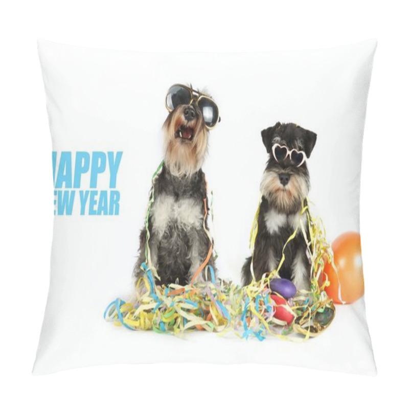 Personality  Two Miniature Schnauzer Dogs Wearing Party Glasses, Surrounded By Balloons And Confetti, Celebrating New Years Eve Pillow Covers